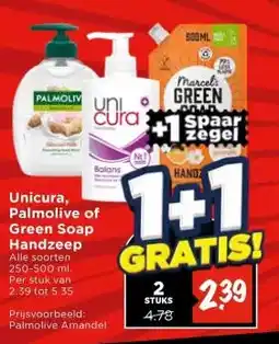 Vomar Voordeelmarkt Unicura, Palmolive of Green Soap Handzeep aanbieding