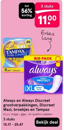 Etos Always en Always Discreet grootverpakkingen, Discreet Maxi, broekjes en Tampax aanbieding