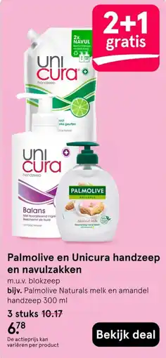 Etos Palmolive en Unicura handzeep en navulzakken aanbieding