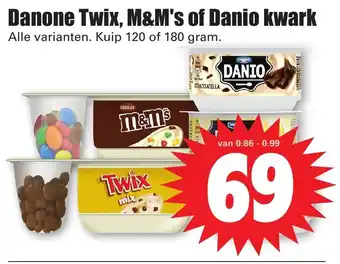 Dirk Danone twix, M&M's of danio kwark 120g aanbieding