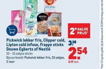 Makro Pickwick Lekker Fris, Clipper Cold, Lipton Cold Infuse, Frappe Sticks Douwe Egberts Of Nestlé aanbieding