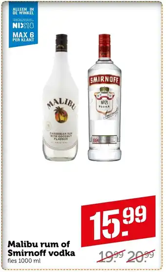 Coop Malibu rum of Smirnoff vodka fles 1000 ml aanbieding