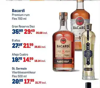 Makro Bacardi gran reserva diez, 8 años, añejo cuatro of st. germain aanbieding