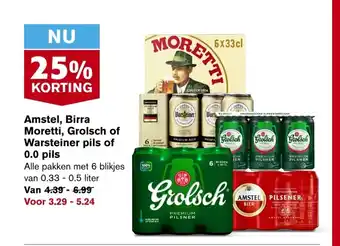 Hoogvliet Amstel, Birra Moretti, Grolsch of Warsteiner pils of 0.0 pils aanbieding