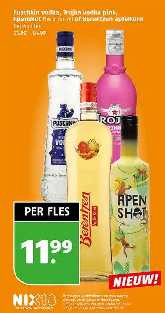 Poiesz Puschkin vodka, Trojka vodka pink, Apenshot of Berentzen apfelkorn aanbieding