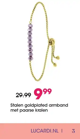 Lucardi Stalen goldplated armband met paarse kralen aanbieding