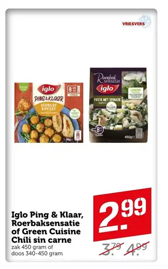 Coop Iglo Ping & Klaar, Roerbaksensatie of Green Cuisine Chili sin carne zak 450 gram of doos 340-450 gram aanbieding