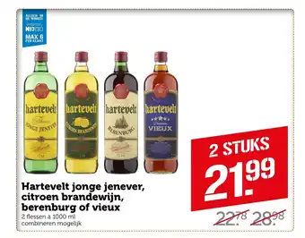 Coop Hartevelt jonge jenever, citroen brandewijn, berenburg of vieux 2 flessen a 1000 ml 2 stuks aanbieding