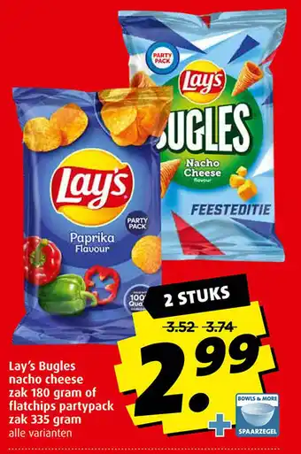 Boni Lay's Bugles nacho cheese zak 180 gram of flatchips partypack zak 335 gram aanbieding