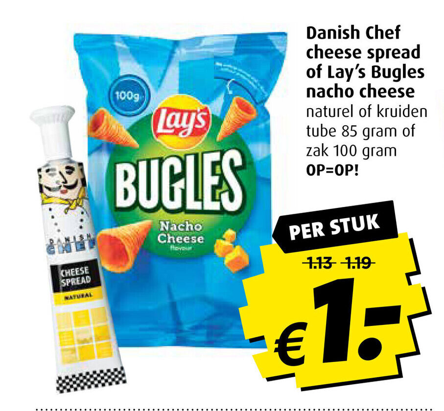 Danish Chef cheese spread of Lay's Bugles nacho cheese aanbieding bij Boni