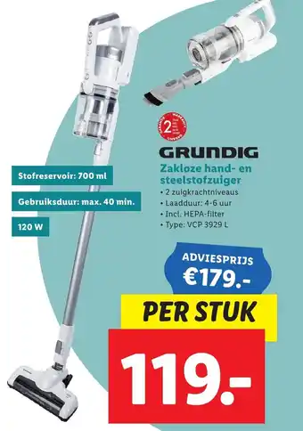 Lidl Grundig Zakloze hand- en steelstofzuiger 120w Type VCP 3929 L aanbieding