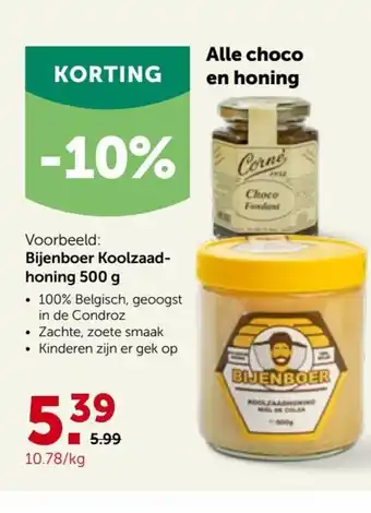 Aveve Alle choco en honing Bijenboer Koolzaadhoning 500g aanbieding