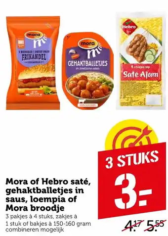 Coop Mora of Hebro sate, gehaktballetjes in saus, loempia of Mora broodje 150-160g aanbieding