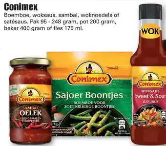 Dirk Conimex Boemboe, woksaus, sambal, woknoedels of satésaus. Pak 95 - 248 gram, pot 200 gram, beker 400 gram of fles 175 ml. aanbieding