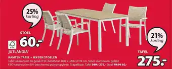 Jysk Jutlandia Ramten Tafel + Jeksen Stoelen 21% - 25% Korting aanbieding