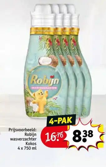 Kruidvat Robijn wasverzachter Kokos 4x 750 ml aanbieding