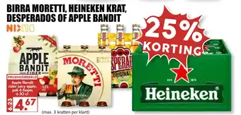 MCD Supermarkt BIRRA MORETTI, HEINEKEN KRAT, DESPERADOS OF APPLE BANDIT aanbieding