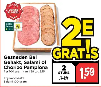 Vomar Voordeelmarkt Gesnede Bal Gehakt, Salami of Chorizo Pamplona 100g aanbieding