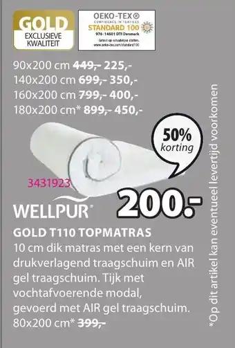 Jysk Wellpur gold T110 topmatras 80x200 cm aanbieding