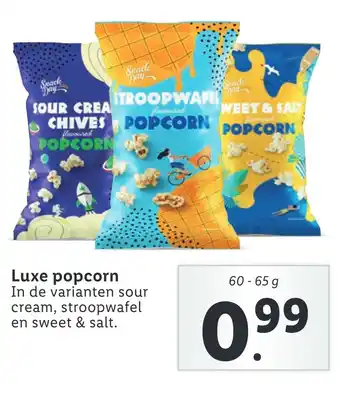 Lidl Luxe popcorn In de varianten sour cream, stroopwafel en sweet & salt. aanbieding