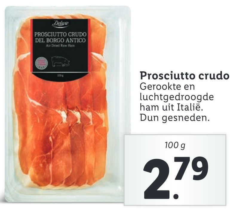 Prosciutto crudo Gerookte en luchtgedroogde ham uit Italiẽ. Dun