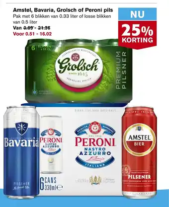 Hoogvliet Amstel, Bavaria, Grolsch of Peroni pils 6 blikken van 0.33 liter aanbieding