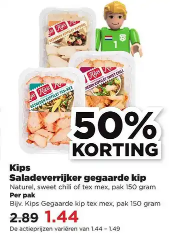 PLUS Kips Saladeverrijker Gegaarde Kip 50% Korting 150g aanbieding