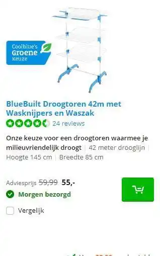 Coolblue BlueBuilt Droogtoren 42m Met Waskniijpers En Waszak aanbieding