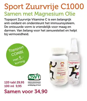 De Rode Pilaren Sport Zuurvrije C1000 Samen met Magnesium Olie 100ml aanbieding