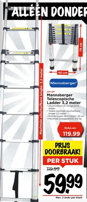 Vomar Voordeelmarkt Mannsberger Telescopische Ladder 3,2 meter aanbieding