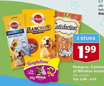 Hoogvliet Pedigree, Catisfactions Of Whiskas Snacks aanbieding