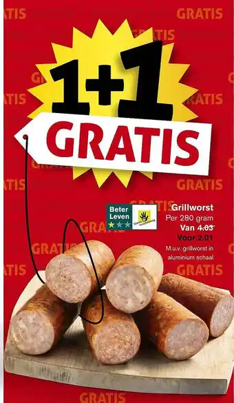 Hoogvliet Grillworst 1+1 Gratis aanbieding