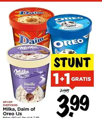 Vomar Voordeelmarkt Milka, Daim Of Oreo Ijs 1+1 Gratis aanbieding