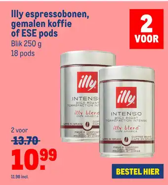 Makro Illy espressobonen, gemalen koffie of ESE pods Blik 250 g 18 pods aanbieding