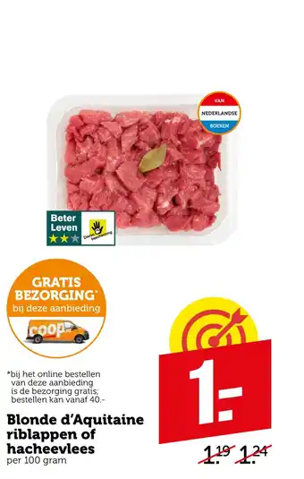 Coop Blonde d'Aquitaine riblappen of hacheevlees 100 gram aanbieding