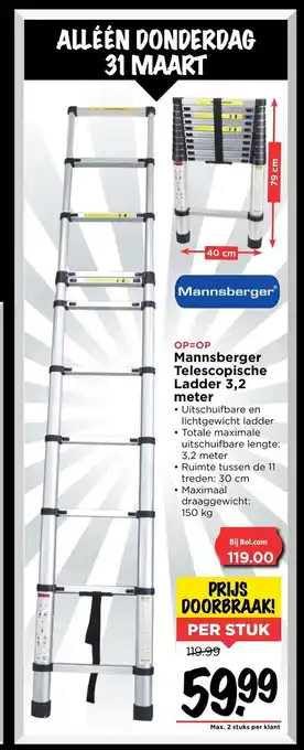 Vomar Voordeelmarkt Mannsberger Telescopische Ladder 3,2 meter aanbieding