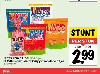 Vomar Voordeelmarkt Tony's Pouch Eitjes 175-255 gram of M&M's Gevulde of Crispy Chocolade Eitjes 187-200 gram aanbieding