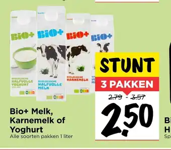 Vomar Voordeelmarkt Bio+ Melk Karnemelk of Yoghurt 1 liter 3 pakken aanbieding