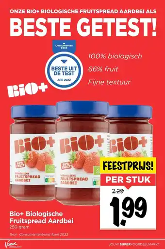 Vomar Voordeelmarkt Bio+ Biologische Fruitspread Aardbei aanbieding