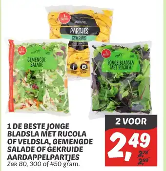 Dekamarkt 1 De beste jonge bladsla met rucola of veldsla, gemengde salade of gekruide aardappelpartjes 300g aanbieding