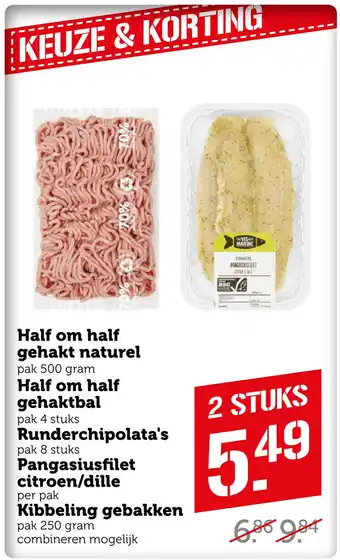 Coop Half om half gehakt naturel, Gehaktbal, Runderchipolata's, Pangasiusfilet citroen/dille, Kibbeling gebakken aanbieding