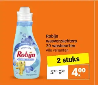 Albert Heijn Robijn wasverzachters 30 wasbeurten 2 stuks aanbieding