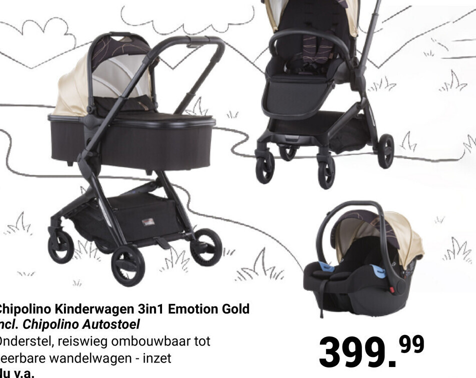 Chipolino Kinderwagen 3in1 Emotion Gold Incl. Chipolino Autostoel  aanbieding bij Van Asten BabySuperstore