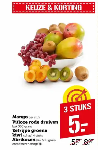 Coop Mango, Pitloze rode druiven, Eetrijpe groene kiwi, Abrikozen 3st aanbieding