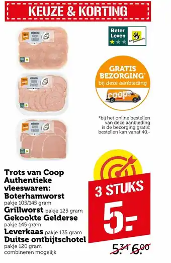 Coop Trots van Coop auyhentieke vleeswaren: boterhamworst, grillworst, gekookte gelderse, leverkaas, duitse ontbijtschotel 3st aanbieding