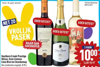 ALDI Southern creek prestige shiraz, gran livenza cava brut en chardonnay aanbieding