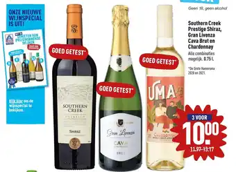 ALDI Southern creek prestige shiraz, gran livenza cava brut en chardonnay aanbieding