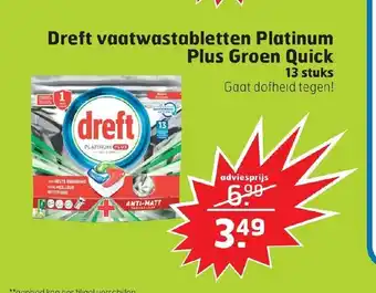 Trekpleister Dreft vaatwastabletten Platinum Plus Groen Quick 13 stuks aanbieding