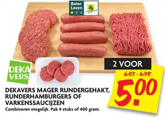 Dekamarkt Dekavers Mager rundergehakt,runderhamburgers of varkenssaucijzen 400g aanbieding