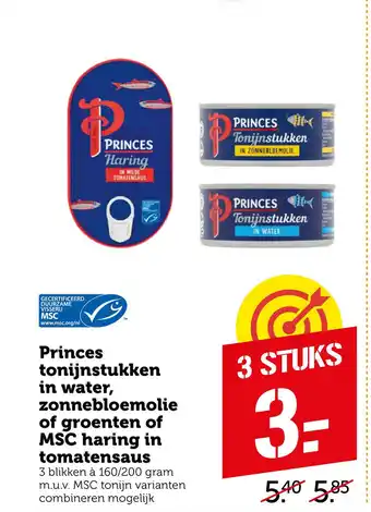 Coop Princes tonijnstukken in water, zonnebloemolie of groenten of MSC haring in tomatensaus aanbieding